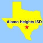Outline map of Texas with star showing where Alamo Heights ISD is