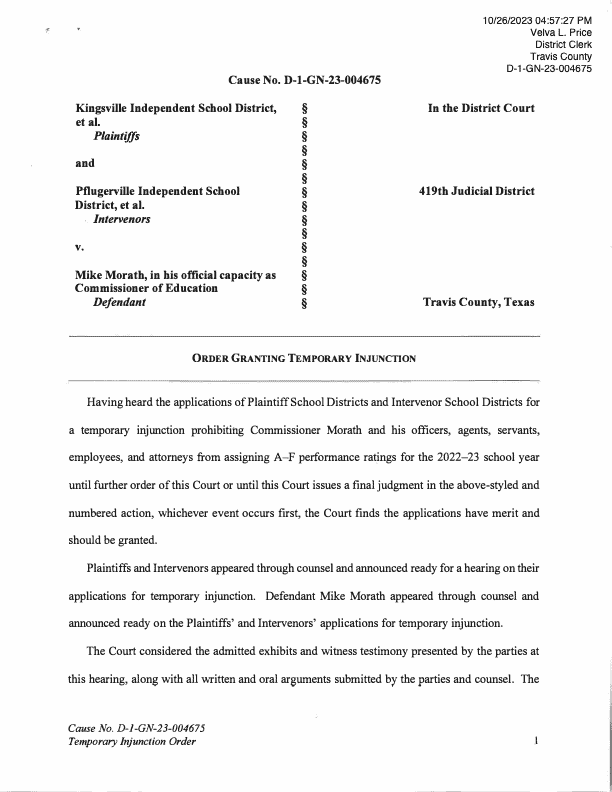 Temporary injunction - Kingsville ISD, et al., vs. Morath