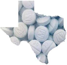 image: Outline of state of Texas with photo of numerous opioid pills inside.