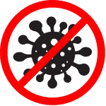 illustration of black Covid 19 virus encircled in red, with line drawn through