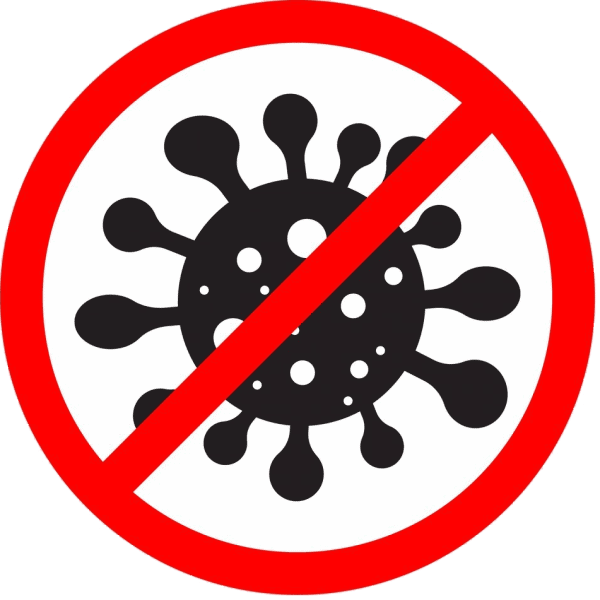illustration of black Covid 19 virus encircled in red, with line drawn through