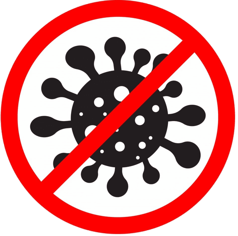illustration of black Covid 19 virus encircled in red, with line drawn through