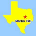 illustration, yellow state of texas with red star depicting where Marlin ISD is, with words Marlin ISD by star