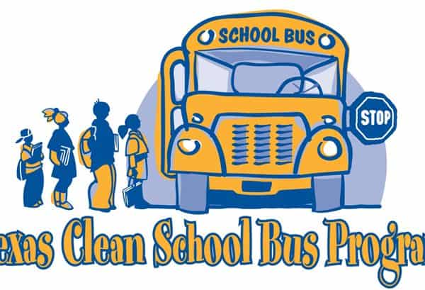 Image: Logo Texas Clean School Bus Program, Drawing of yellow school bus with children boarding