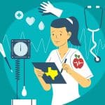 Illustration of School Nurse surrounded by medical equipment, holding clipboard outline of State of Texas on Back of clipboard