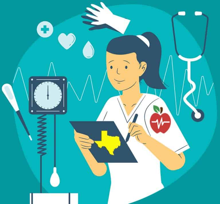 Illustration of School Nurse surrounded by medical equipment, holding clipboard outline of State of Texas on Back of clipboard