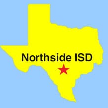 Image Yellow outline map of Texas, with a red star denoting locating of Northside ISD, blue background