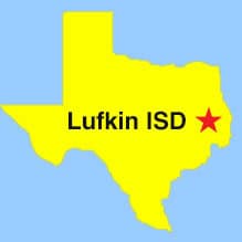 Outline map of Texas, in yellow, with a red star showing location of Lufkin ISD in the southwest part of the state