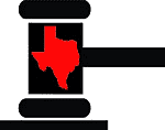 Clip art illustration with a court judge's gavel, with outline map of state of Texas on it