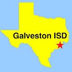 Image: Outline map of Texas, with red star depicting Galveston ISD location