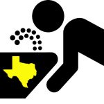 clip art- silloutte of a person drinking from water founting, with yello Texs shape on fountain