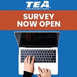 Clip art: hand on laptop computer keyboard, with Words: TEA - Survey Now Open