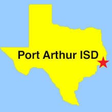 Image: Outline yellow map of Texas showing where Port Arthur ISD is (via a red star).
