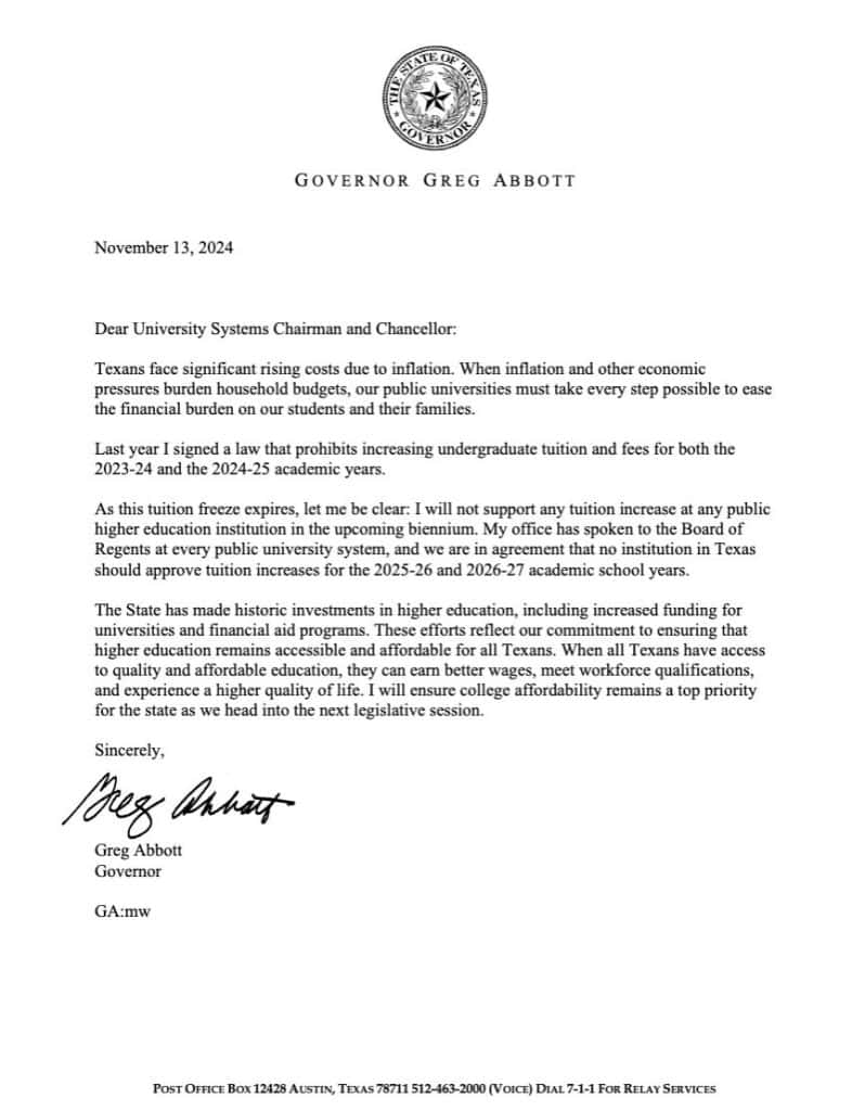 Image: Governor's letter mandating  college tuition/fee freeze for upcoming biennium.  