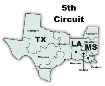 U.S. Fifth Circuit Court of Appeals- map of the jurisidictions of the three states - Texas, Louisiana, Mississippi
