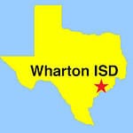Outline map of Texas, with a red star denoting the location of Wharton ISD in Southest Texas.