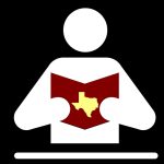 Image: silhouette, person reading a book with outline of Texas on cover