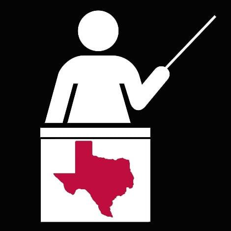 Image: clip art of sillouette of teacher at a a podium, with image of shape of Texas on front of podium.
