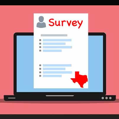 Clip Art: illustaration of a computer screen, with sheet of paper in front, words Survey and outline map of Texas