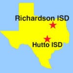 Image: Outlne map of Texas with red stars showing locations of Richardson ISD and hutto ISD