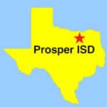 Texas outline map with red star showing location of Prosper ISD with a red star