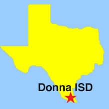 image: texas outline map showing location of donna isd in south Texas