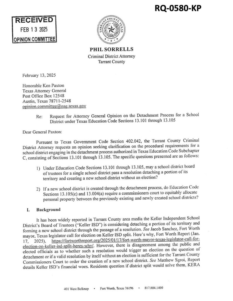 thumbnail image of first page of AG opinion Request RQ-0580-KP