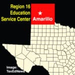 Outline map of Texas, showing location of Region 16 ESC in TX Panhandle