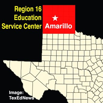 Outline map of Texas, showing location of Region 16 ESC in TX Panhandle