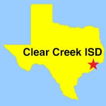 Outline map of Texas, location of Clear Creek ISD denoted by a "star"