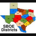outline map of Texas, with 15 SBOE disticts denoted in different colors