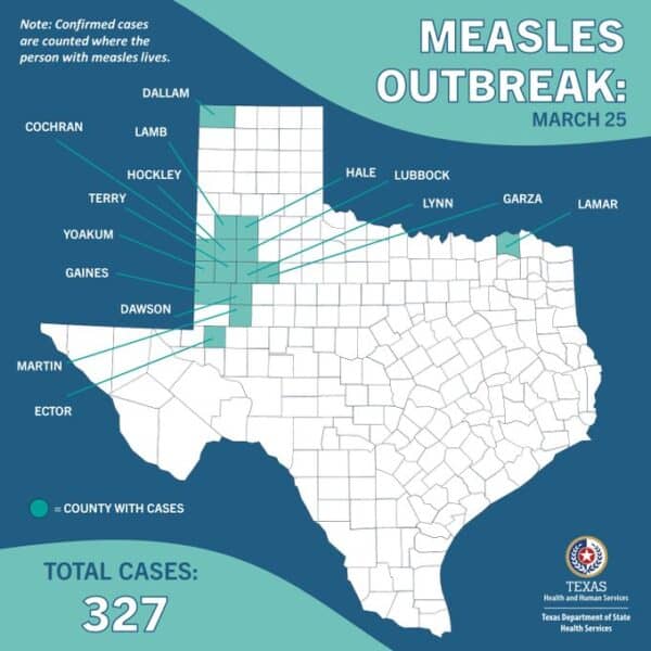 Image: graphic showing counties of confirmed measles locations