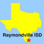 image: outline map of Texas, depicting with a "star" the location of Raymondville ISD