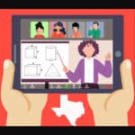 Clip art - two hands holding tablet computer, with teacher teaching a lesson