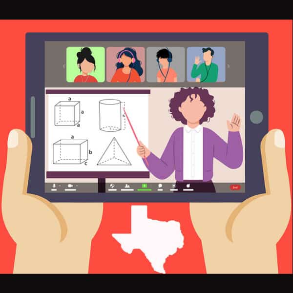 Clip art - two hands holding tablet computer, with teacher teaching a lesson