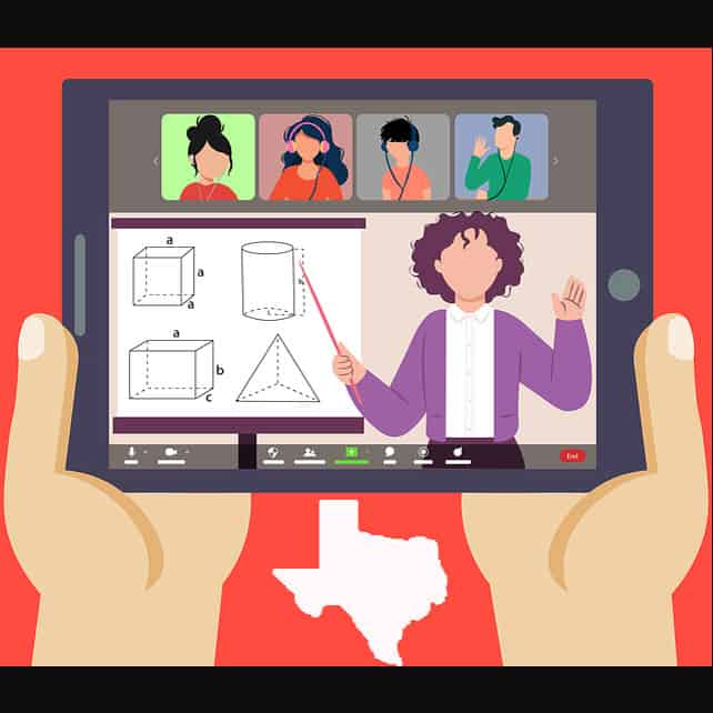 Clip art - two hands holding tablet computer, with teacher teaching a lesson
