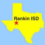 Clip art - State of Texas in yellow, with red "star" denoting the location of Rankin ISD