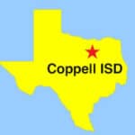 Outline Map of Texas, Coppell ISD located with a "star"