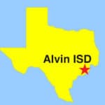 Texas outline map,with star depicting location of Alvin ISD
