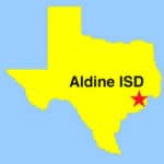 Texas outline map - red star showing location of Aldine ISD in Harris County