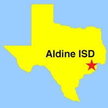 Texas outline map - red star showing location of Aldine ISD in Harris County