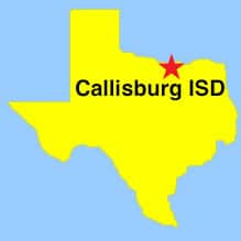 Image: Outline map of Texas, with red star depicting loctaion of Callisburg ISD