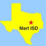 Outline map of Texas showing location of Mart ISD