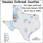 Texas map highlighting counties with measles reports since January 2025, with accompanying county-specific table