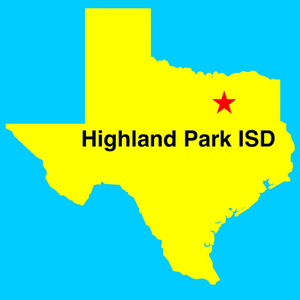 Outline map of Texas with a Star and words depicting Highland Park ISD location