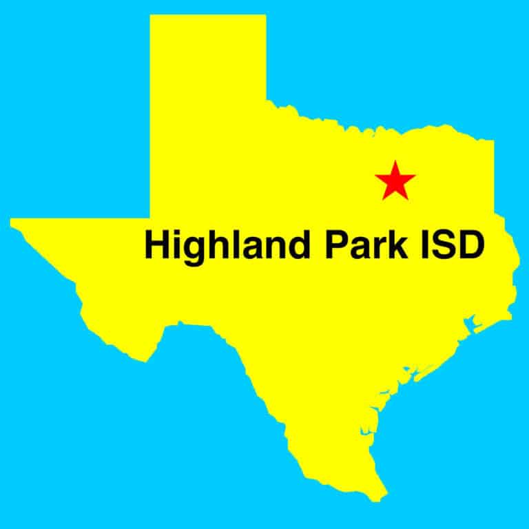 Outline map of Texas with a Star and words depicting Highland Park ISD location