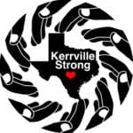 Clip Art - Kerrville Strong, helping. hands surrounded by black outline map of Texas, with heart where Kerrville ISD- Round
