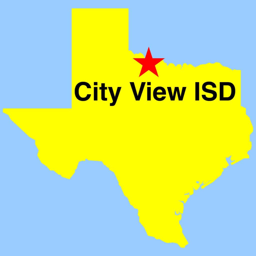 Outline map of Texas, with "star" depicting location of City View ISD