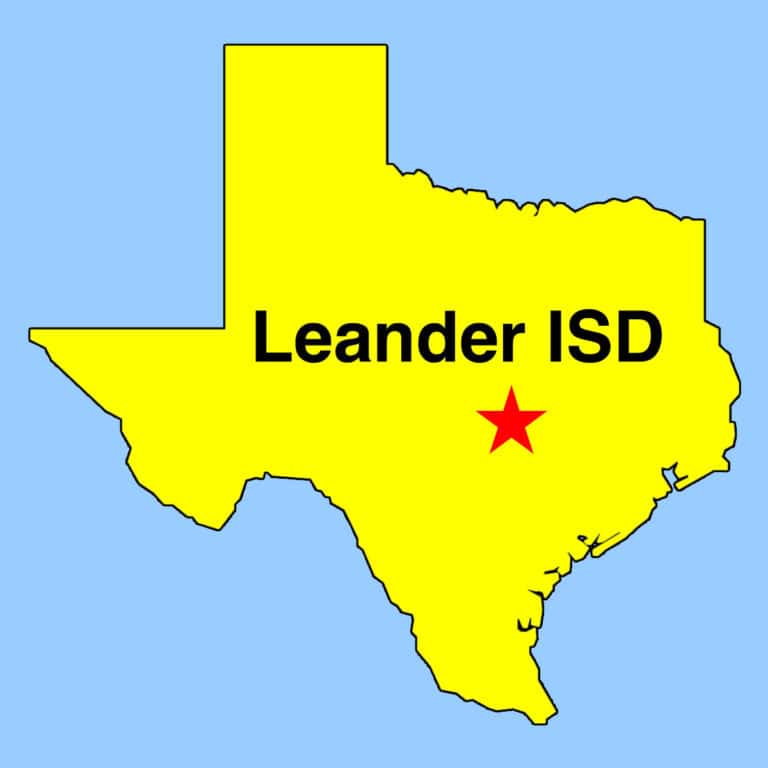 Texas Outline Map, with Location of Leander ISD in Red Star