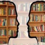 Clip art: Outline of two facing heads, with books inside.